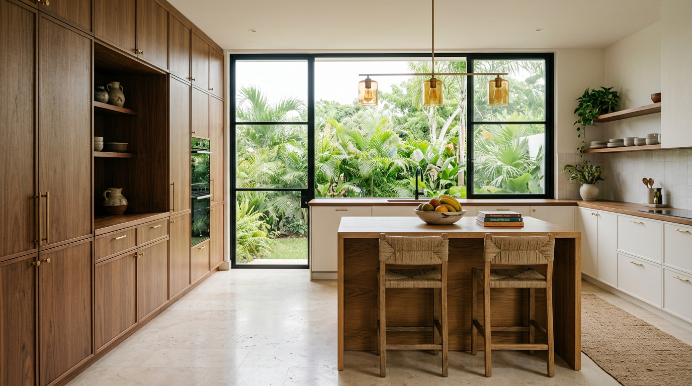 A kitchen with floor-to-ceiling walnut cabinets, a white run of base cabinets and an oak island, opening onto a tropical garden. Generated sample image.