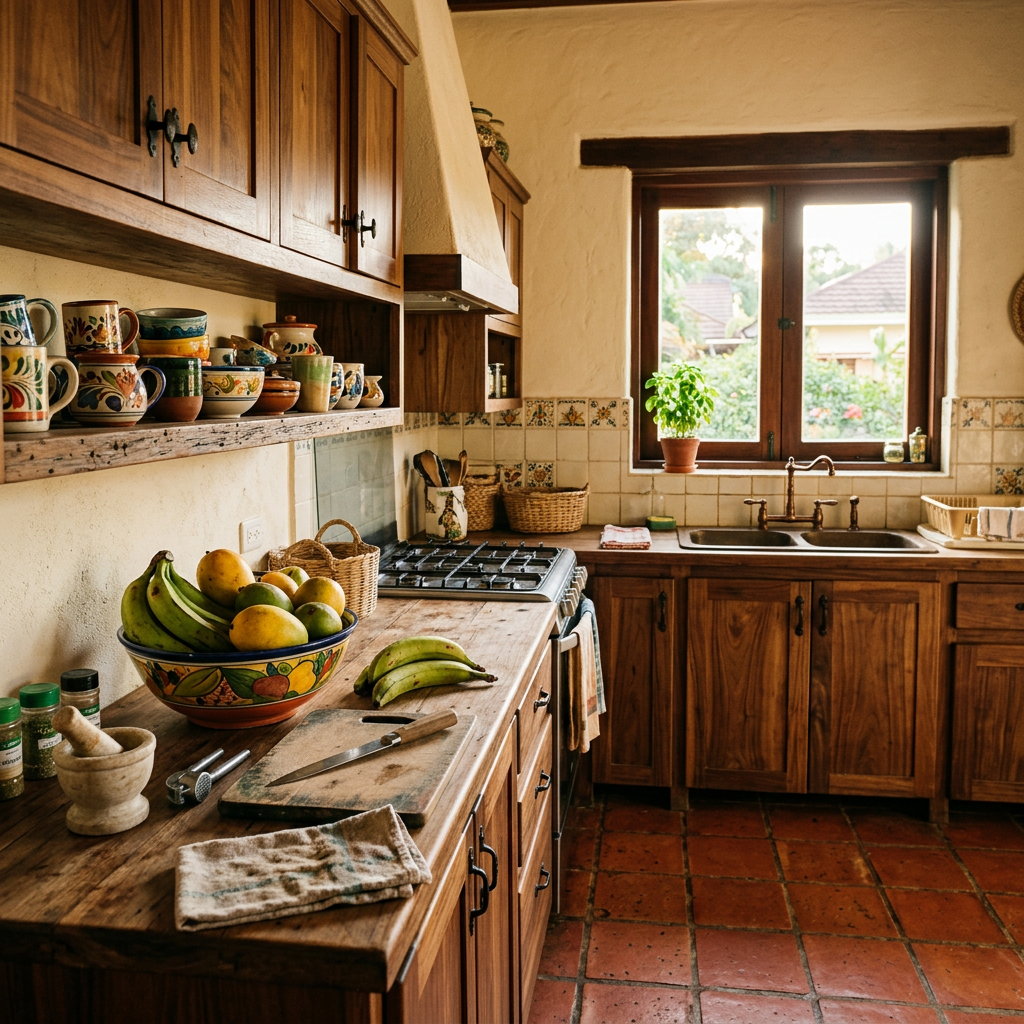 A warm kitchen with terracotta floor tiles, walnut cabinets and a bowl of plantains and mangoes. Generated sample image.