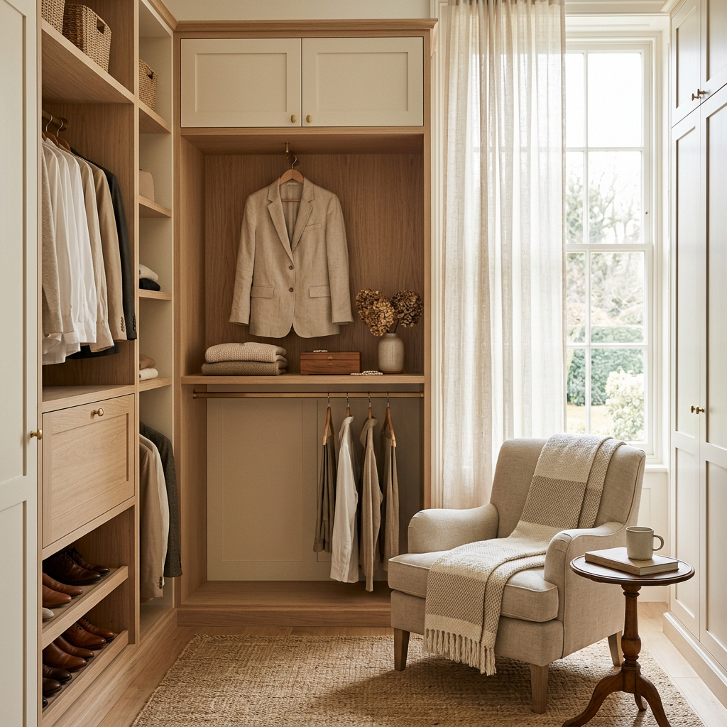 A dressing room closet in pale oak and cream with a linen chair. Generated sample image.