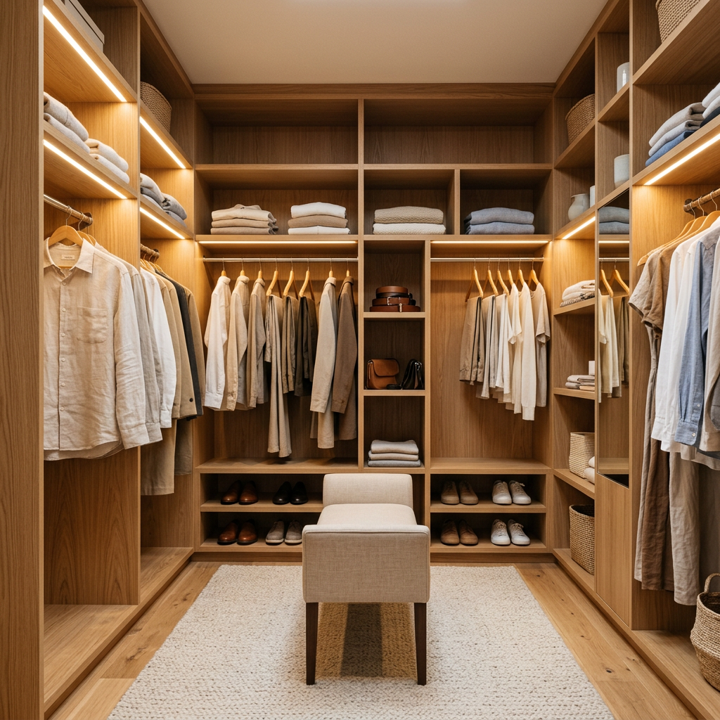 Walk-in closet with light oak shelving and a small bench. Generated sample image.
