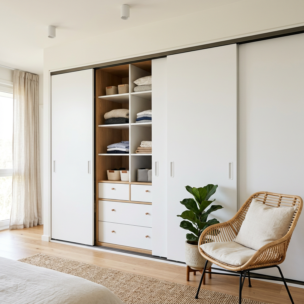 Bedroom wardrobe wall with white sliding doors, one open. Generated sample image.