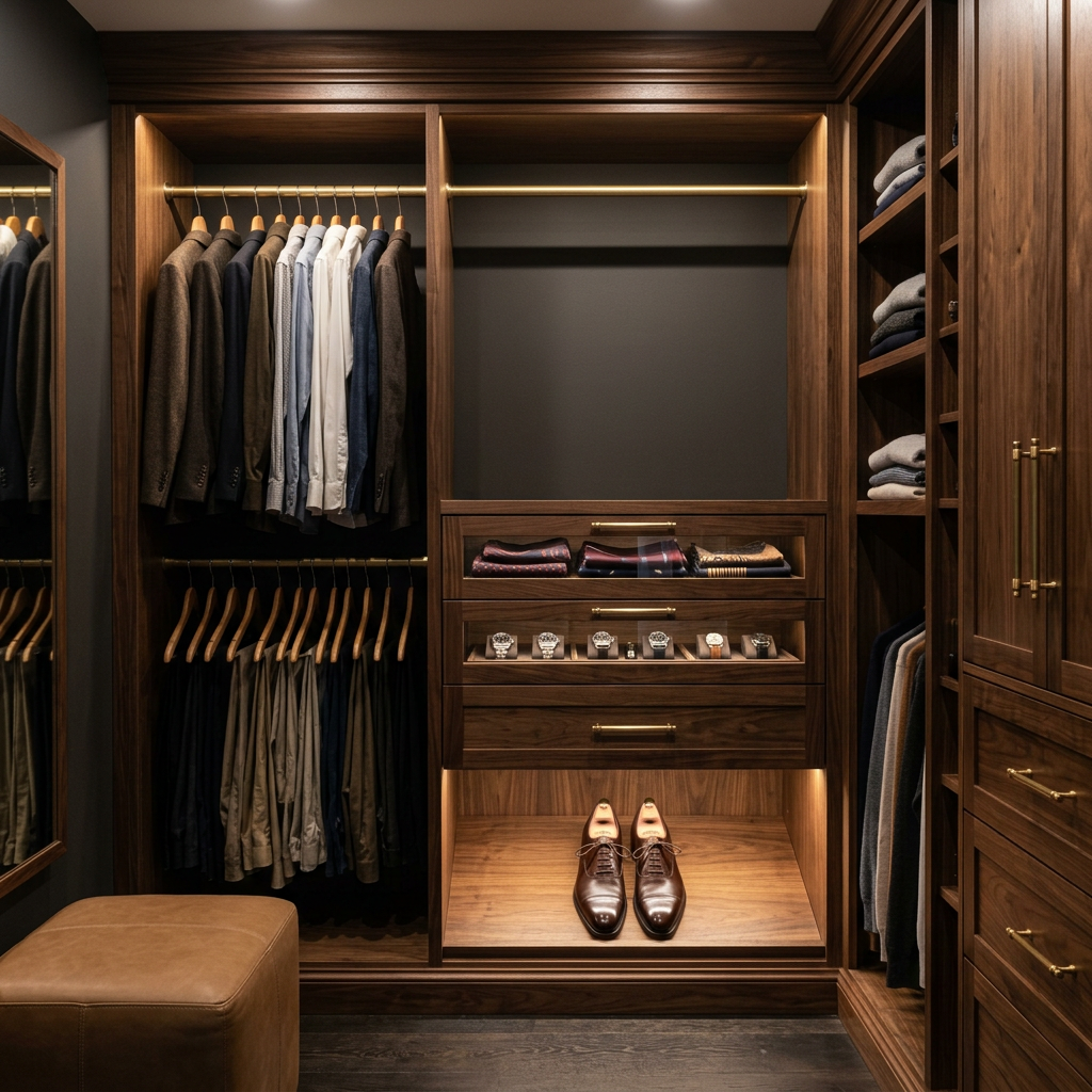 Dark walnut dressing room with brass rails and glass-front drawers. Generated sample image.
