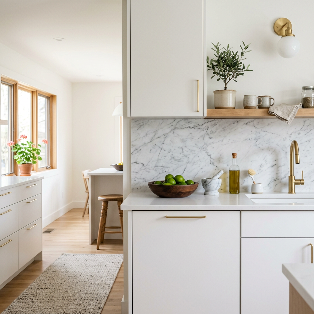 Kitchen with flat-panel white cabinets, brass handles and a marble backsplash. Generated sample image.