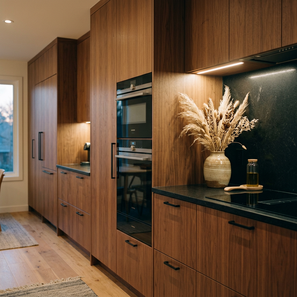 Kitchen with floor-to-ceiling walnut cabinets and a black stone counter. Generated sample image.