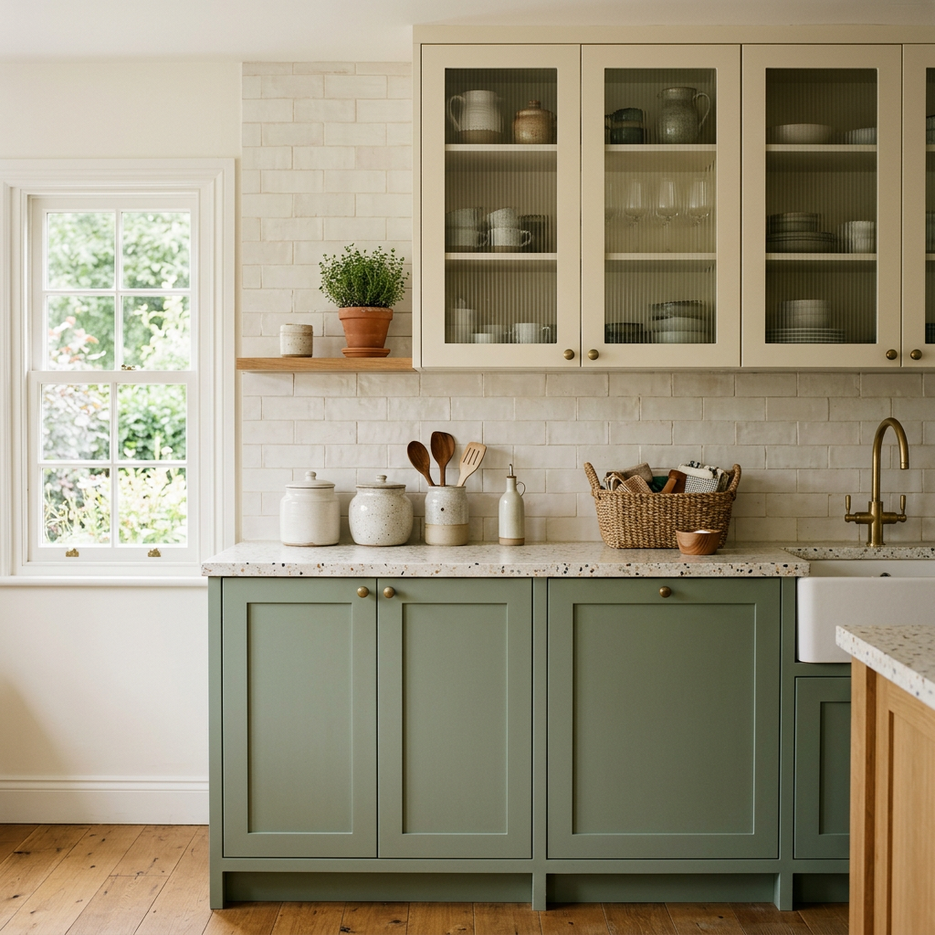 Two-tone kitchen with sage green base cabinets and cream upper cabinets. Generated sample image.