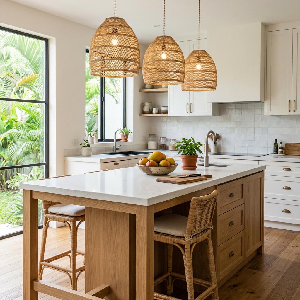 Oak kitchen island with a white top and three rattan pendant lamps. Generated sample image.