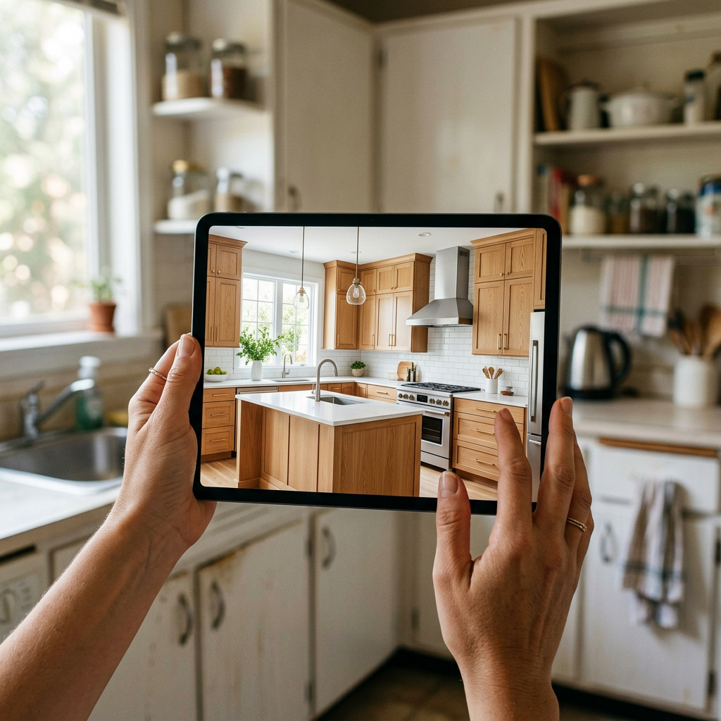 Hands holding a tablet that shows a redone oak kitchen in front of the older kitchen it replaces. Generated sample image.
