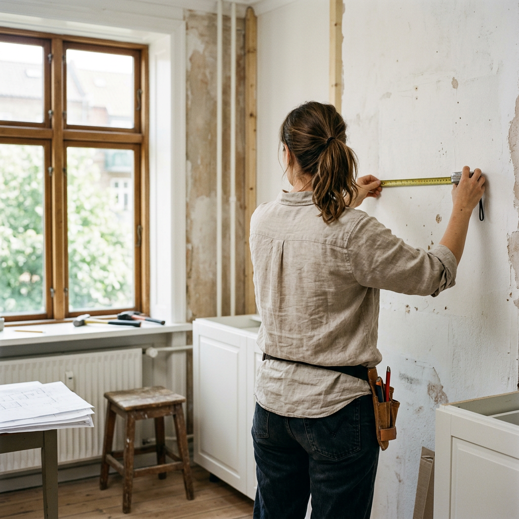 A cabinet maker measuring a kitchen wall with a tape measure. Generated sample image.