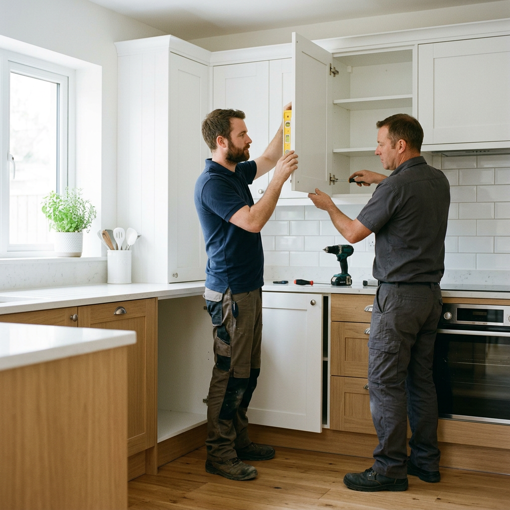Two installers fitting a white cabinet door in a kitchen. Generated sample image.